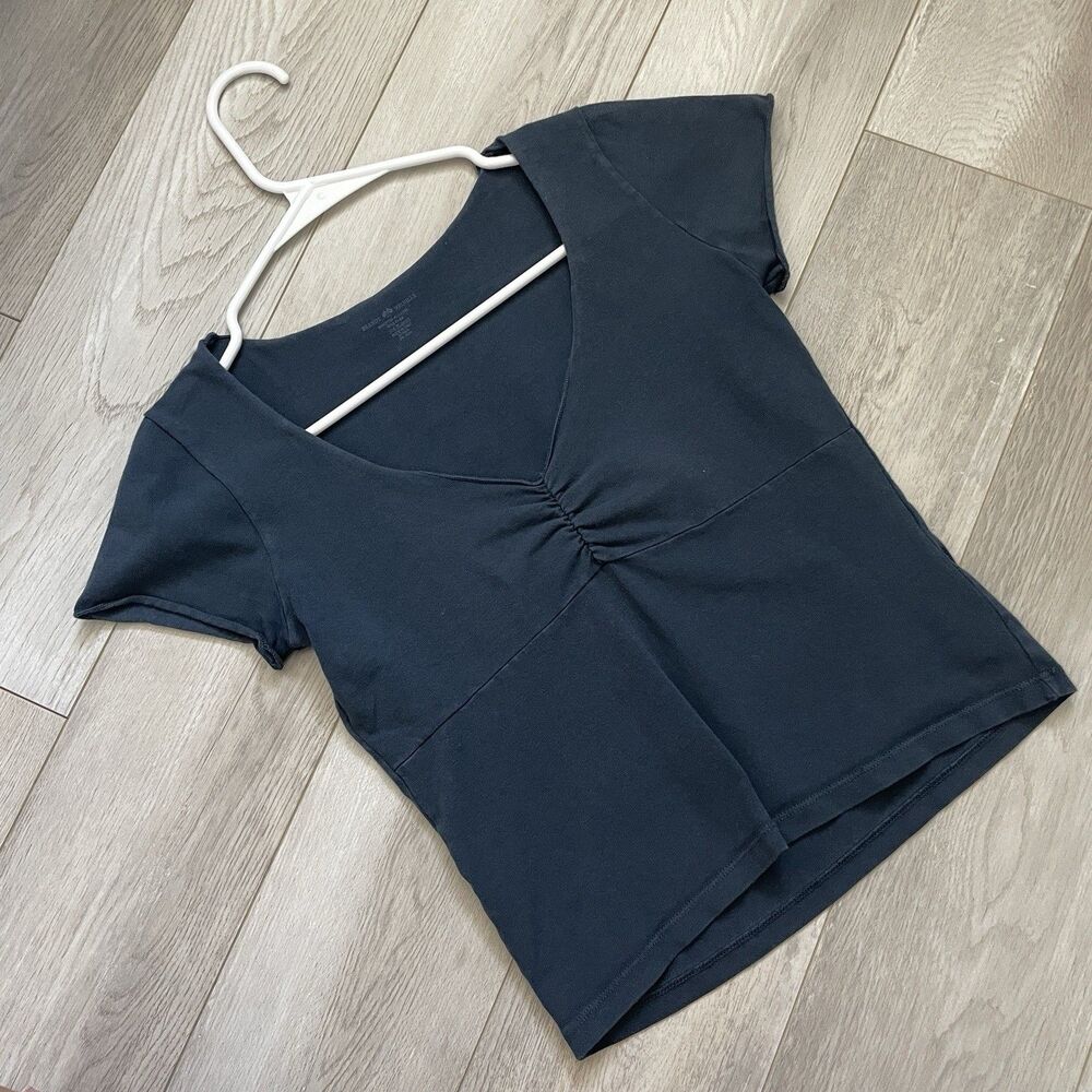 Brandy Melville Tshirt cotton gina vneck short sleeve womens Navy Blue one size